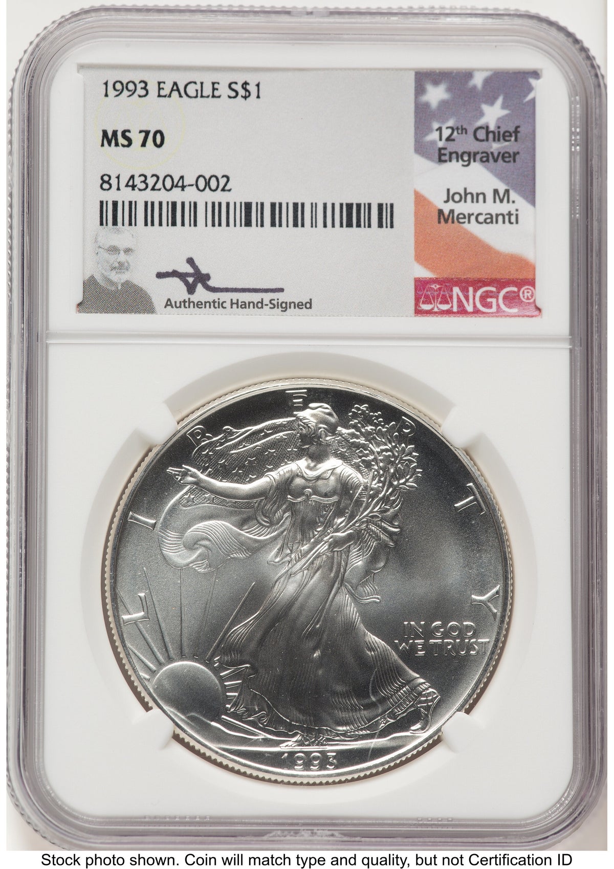 1993 Silver Eagle John NGC MS70 Mercanti