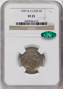 1937-D 5C Three-Legged FS-901 CAC Buffalo Nickel NGC VF25