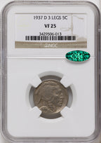 1937-D 5C Three-Legged FS-901 CAC Buffalo Nickel NGC VF25
