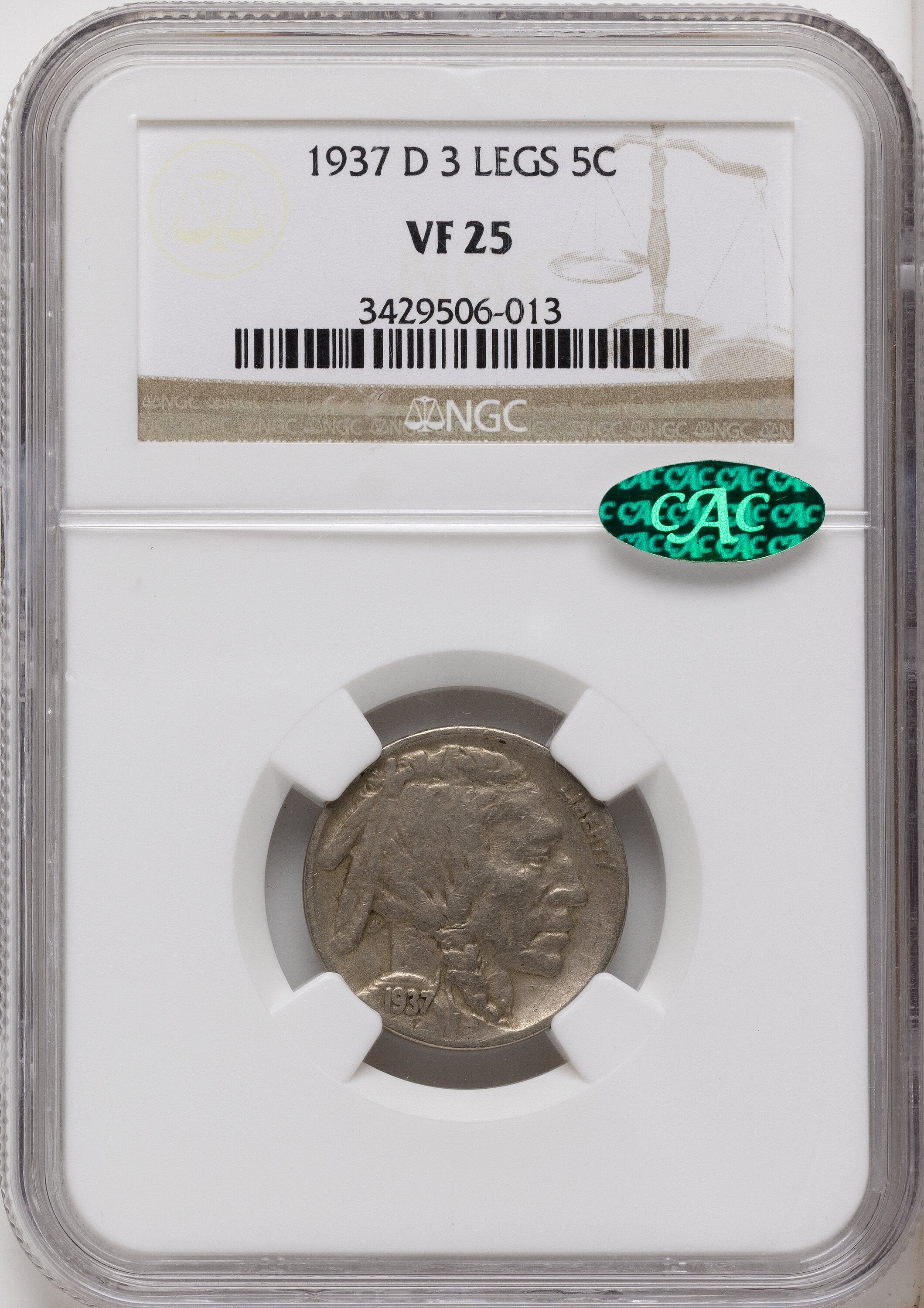1937-D 5C Three-Legged FS-901 CAC Buffalo Nickel NGC VF25