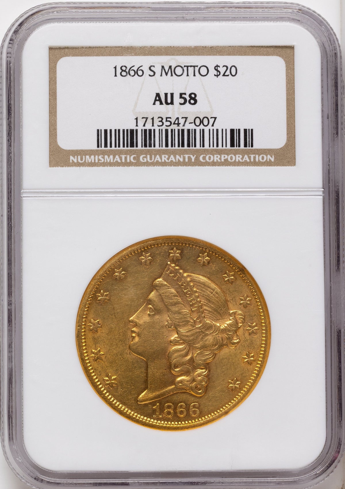 1866-S $20 MOTTO Liberty Double Eagle NGC AU58
