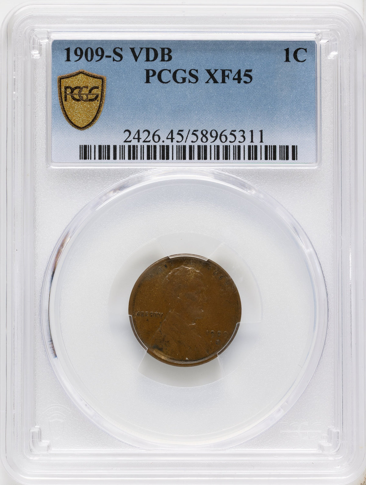 1909-S 1C VDB BN Lincoln Cent PCGS XF45