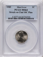 1989 1C STRUCK ON CLAD 10C PLANCHET Miscellaneous PCGS MS64