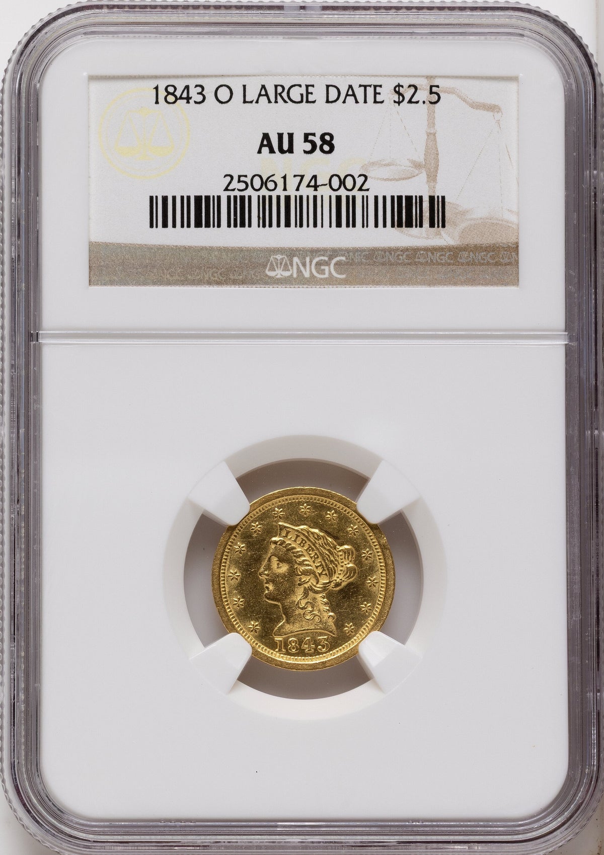1843-O $2.50 Large Date Plain 4 Liberty Quarter Eagle NGC AU58