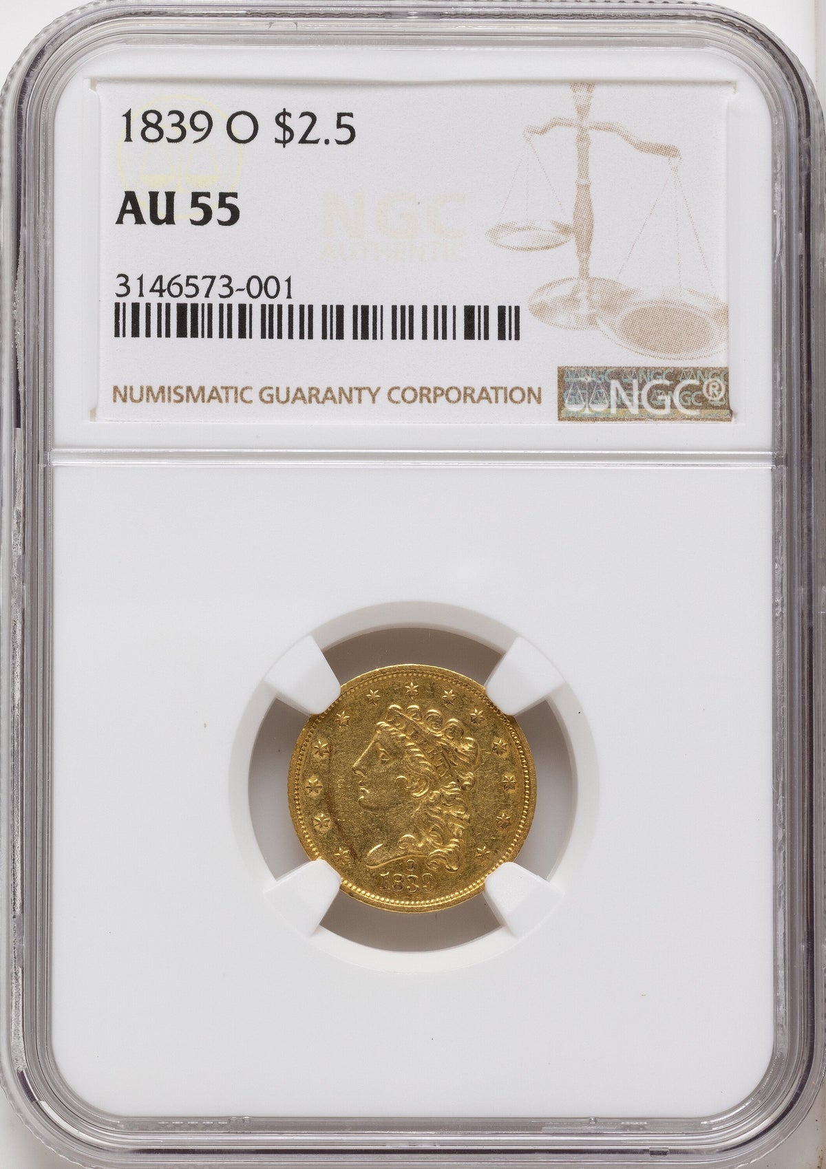 1839-O $2.50 Classic Quarter Eagle NGC AU55