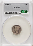 1916-D 10C Mercury Dime CACG VG10