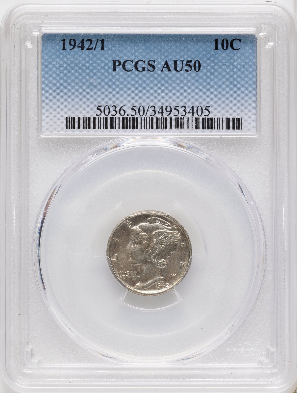 1942/1 10C Mercury Dime PCGS AU50