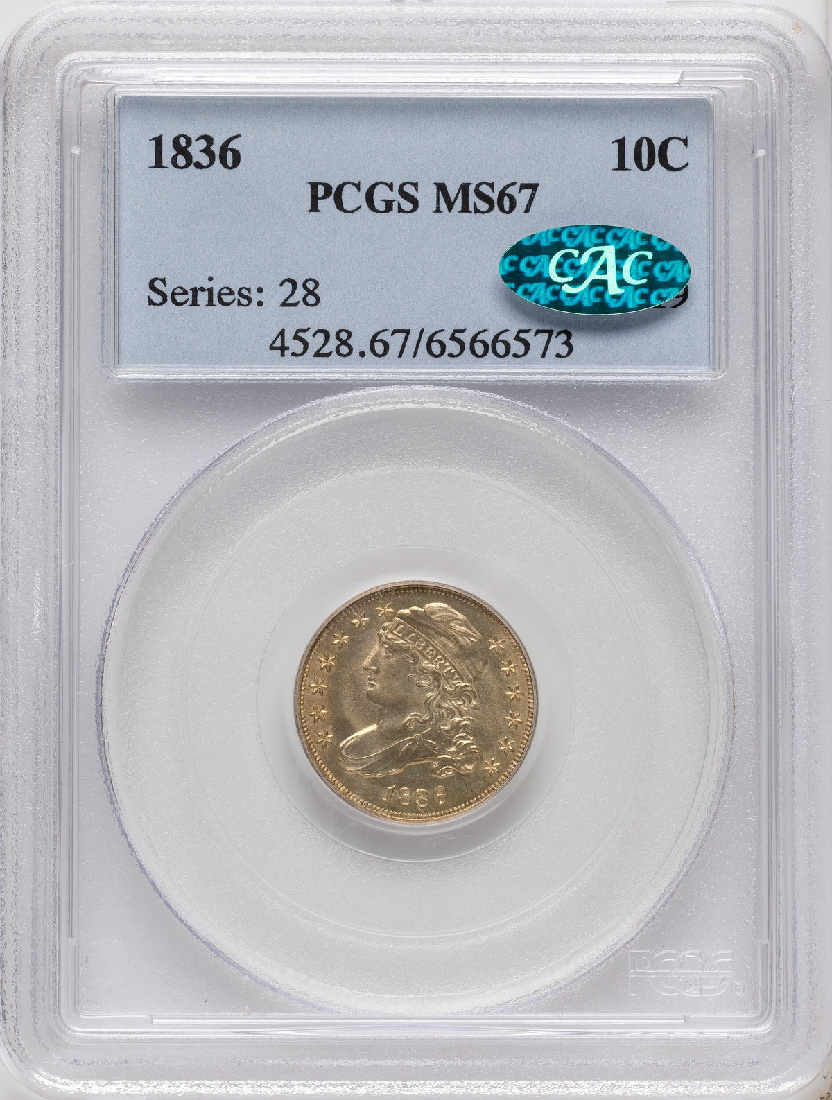 1836 10C CAC Bust Dime PCGS MS67