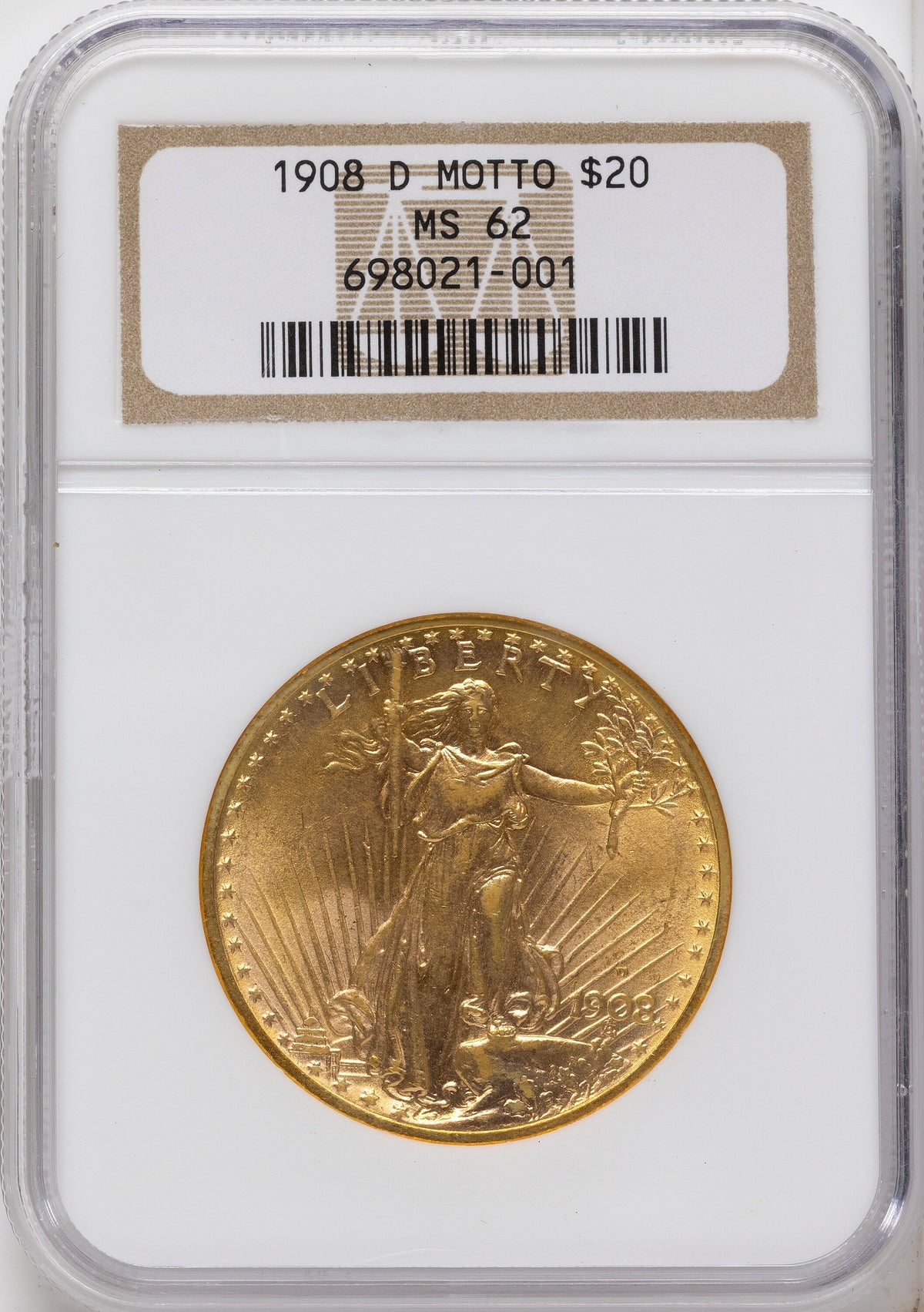 1908-D $20 MOTTO Saint-Gaudens Double Eagle NGC MS62
