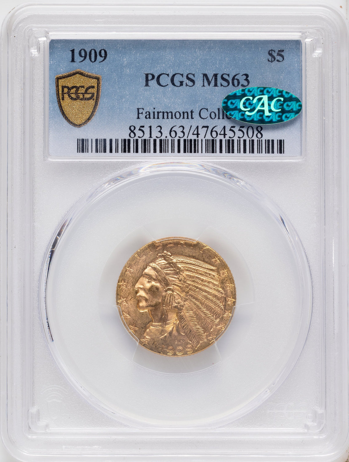 1909 $5 CAC Indian Half Eagle PCGS MS63