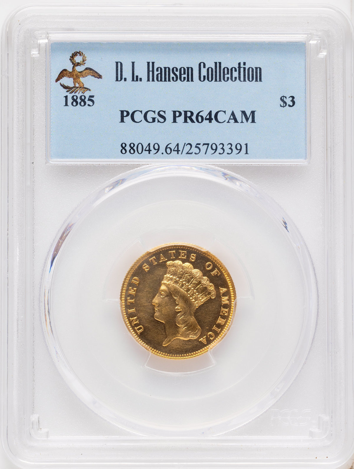 1885 $3 CA Proof Three Dollar Gold Pieces PCGS PR64