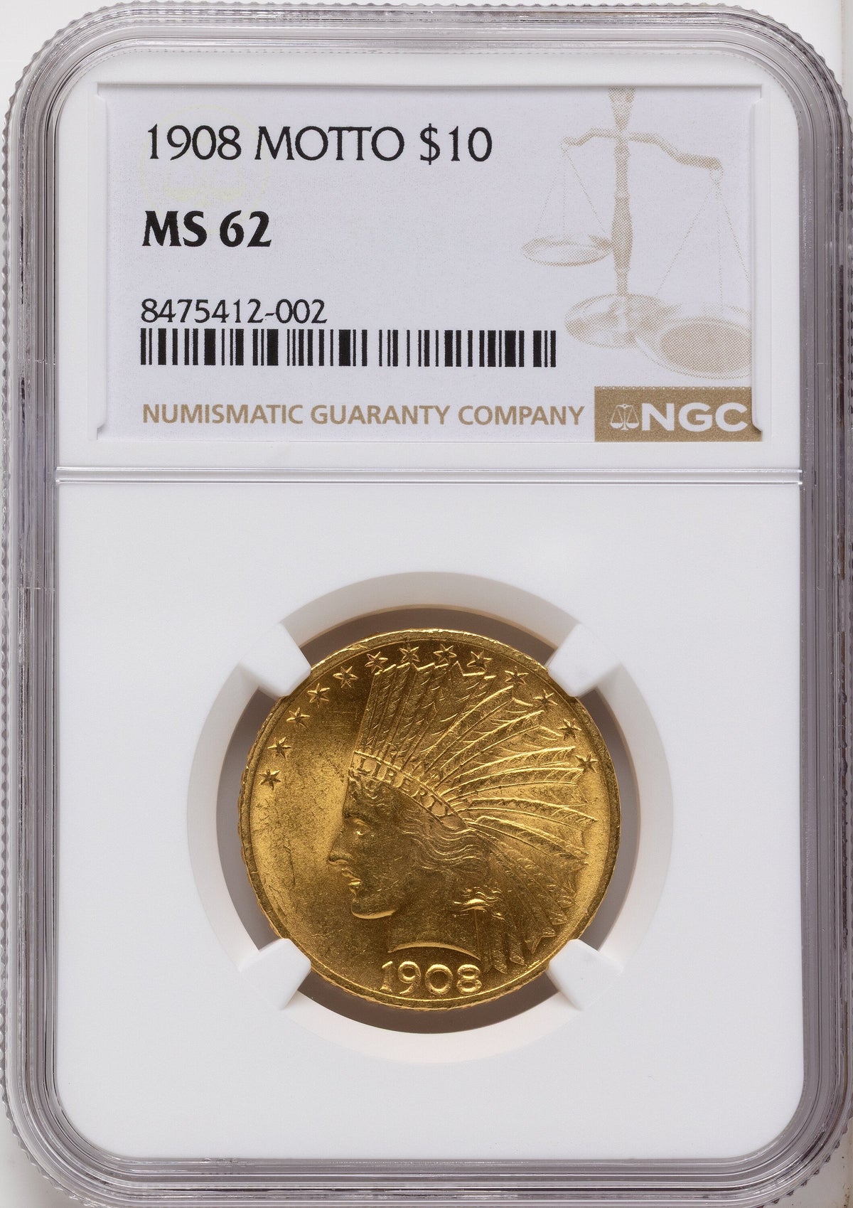 1908 $10 MOTTO Indian Eagle NGC MS62