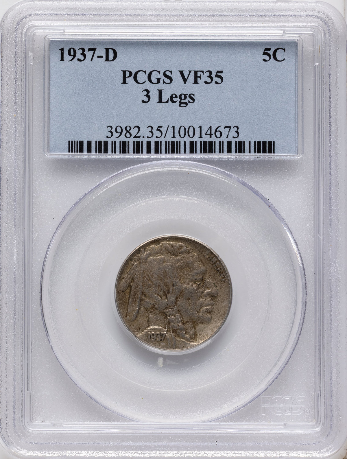1937-D 5C Three-Legged Buffalo Nickel PCGS VF35