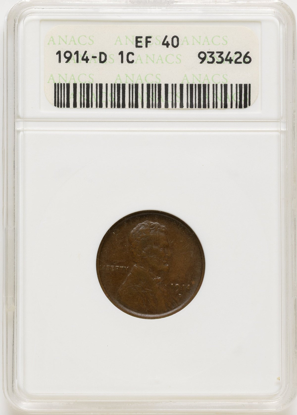 1914-D 1C BN Lincoln Cent ANACS XF40