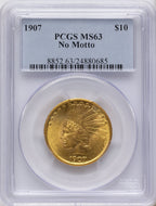 1907 $10 No Motto Indian Eagle PCGS MS63