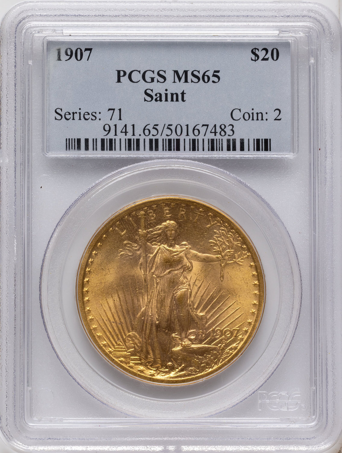 1907 $20 Saint Saint-Gaudens Double Eagle PCGS MS65