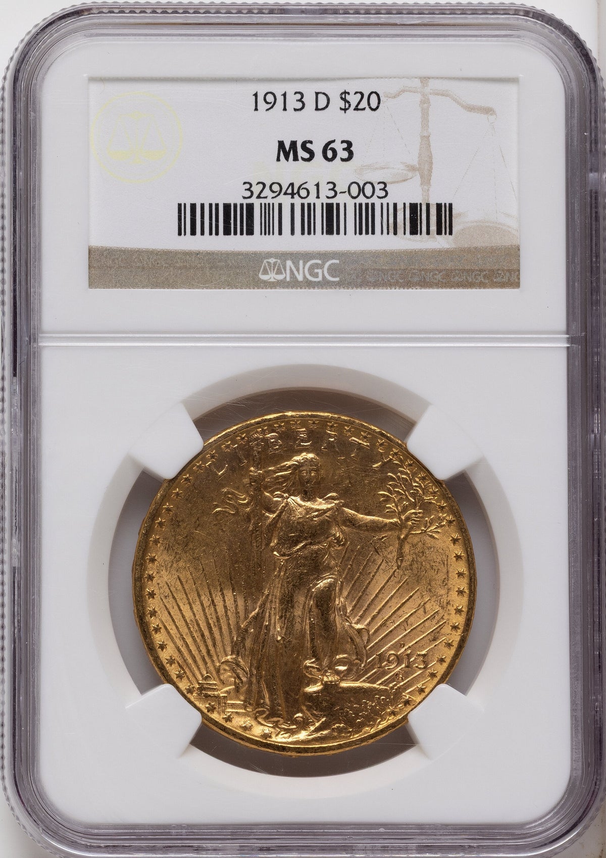 1913-D $20 Saint-Gaudens Double Eagle NGC MS63