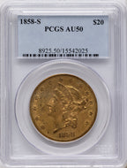 1858-S $20 Liberty Double Eagle PCGS AU50