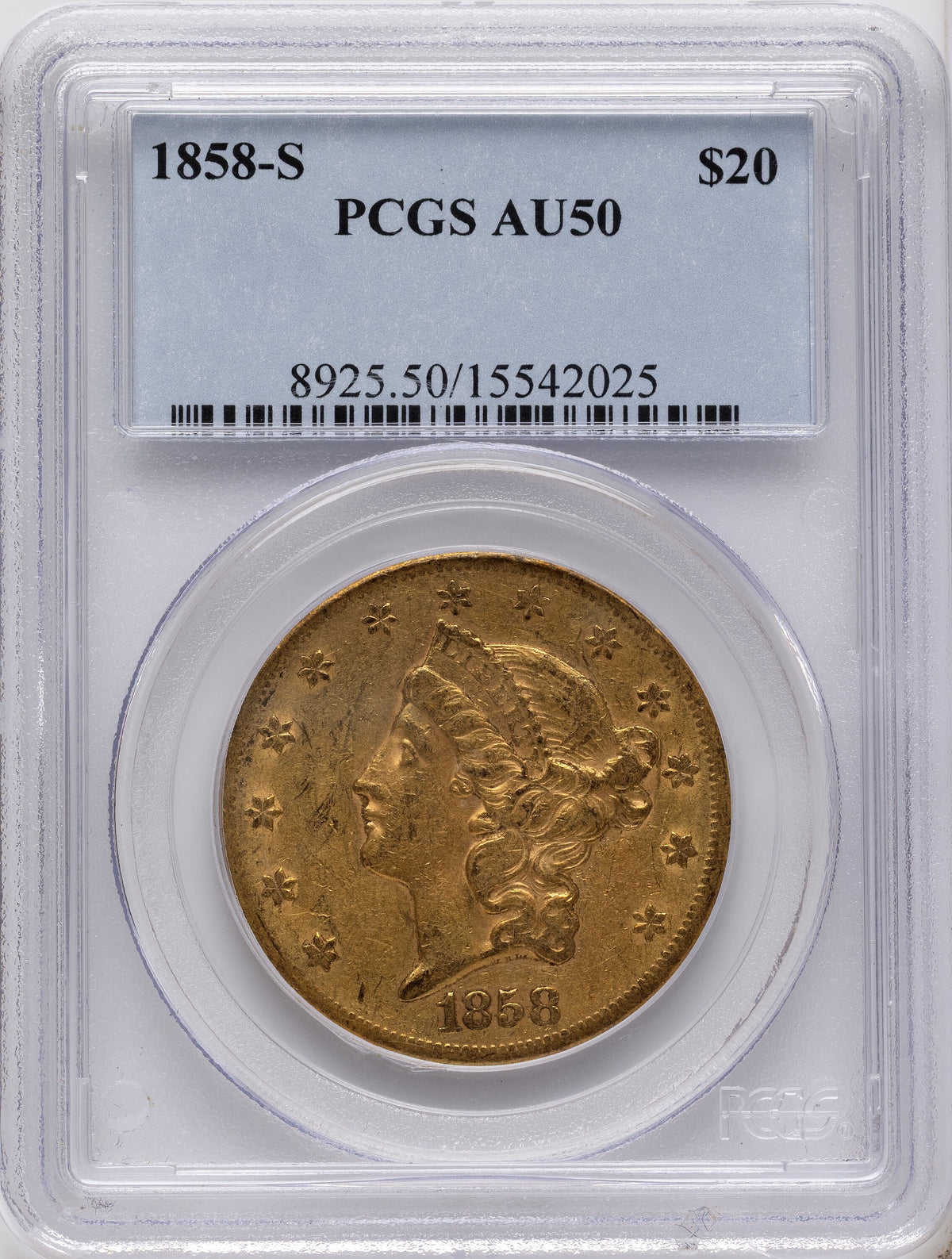 1858-S $20 Liberty Double Eagle PCGS AU50