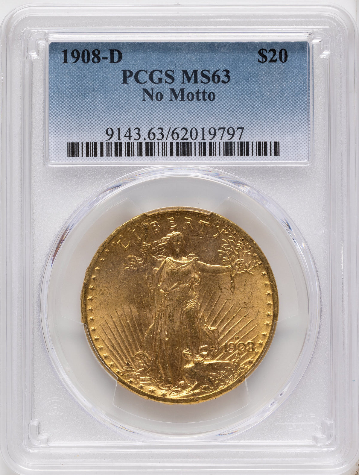1908-D $20 NO MOTTO Saint-Gaudens Double Eagle PCGS MS63