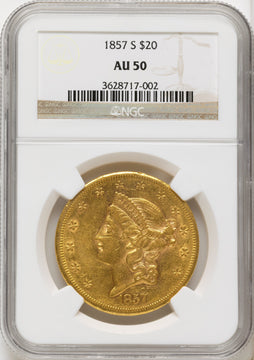 1857-S $20 Liberty Double Eagle NGC AU50