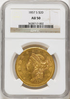 1857-S $20 Liberty Double Eagle NGC AU50
