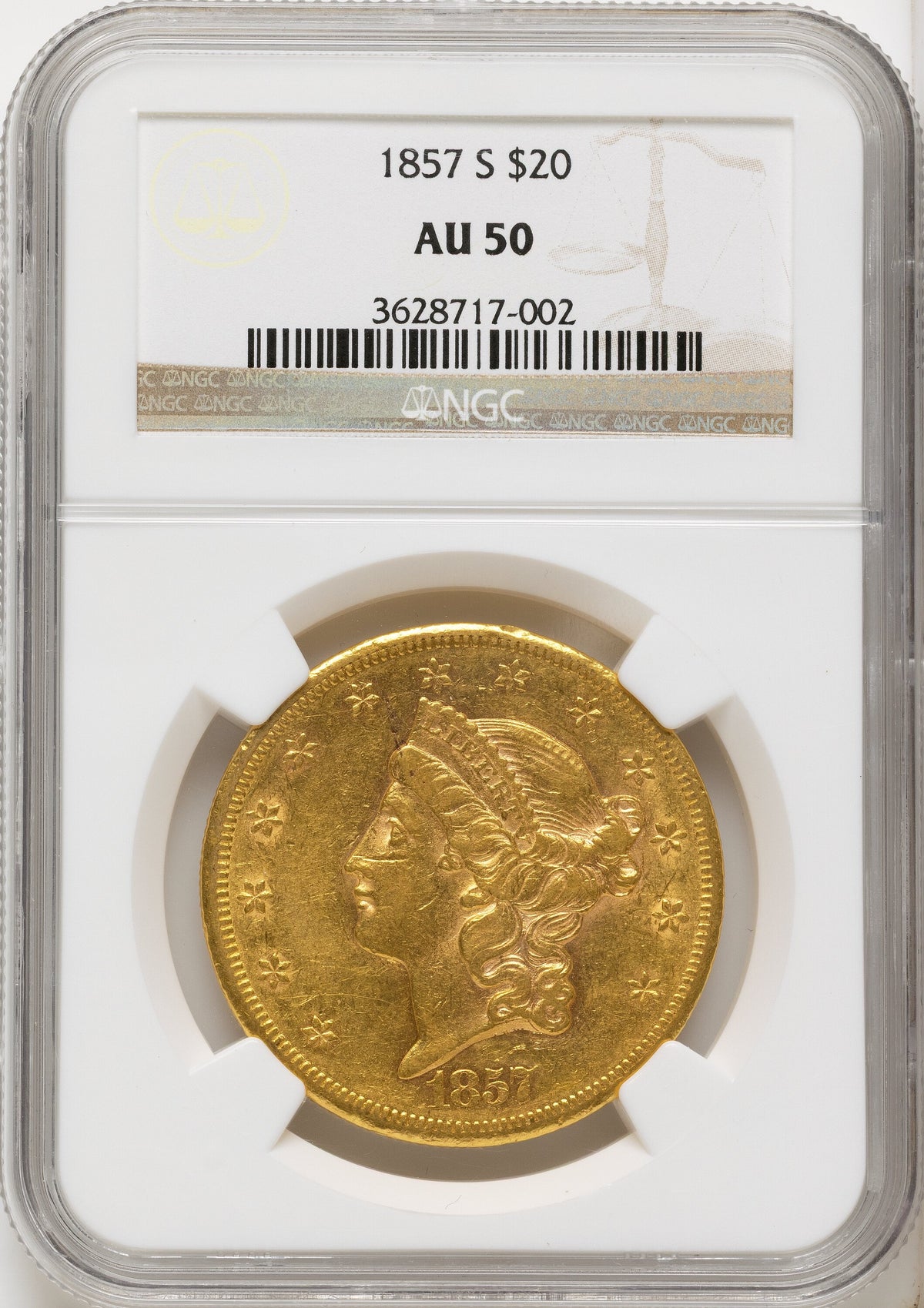 1857-S $20 Liberty Double Eagle NGC AU50