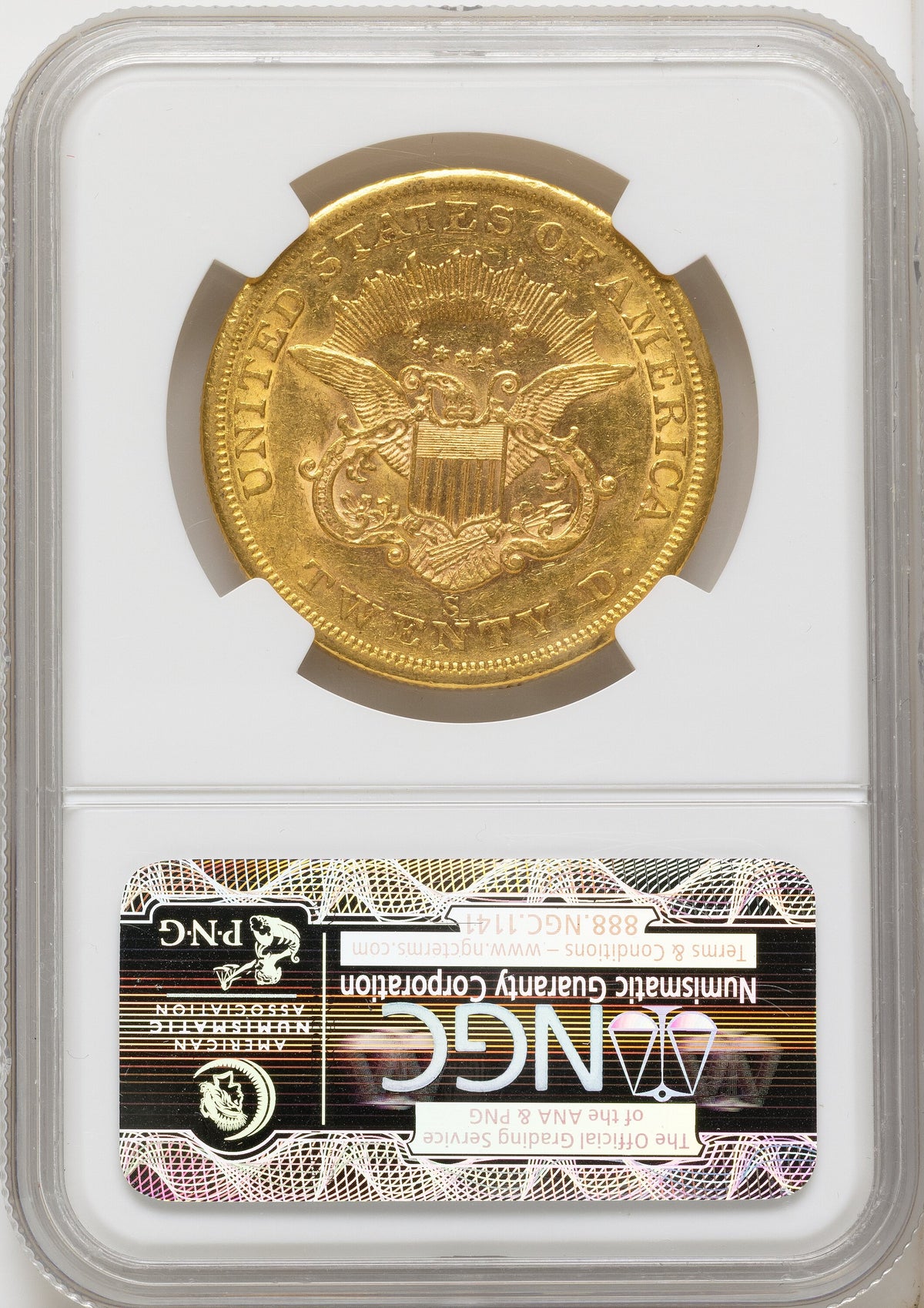 1857-S $20 Liberty Double Eagle NGC AU50