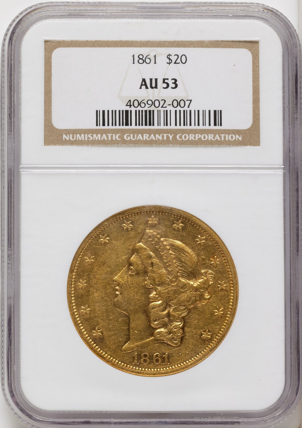 1861 $20 Liberty Double Eagle NGC AU53