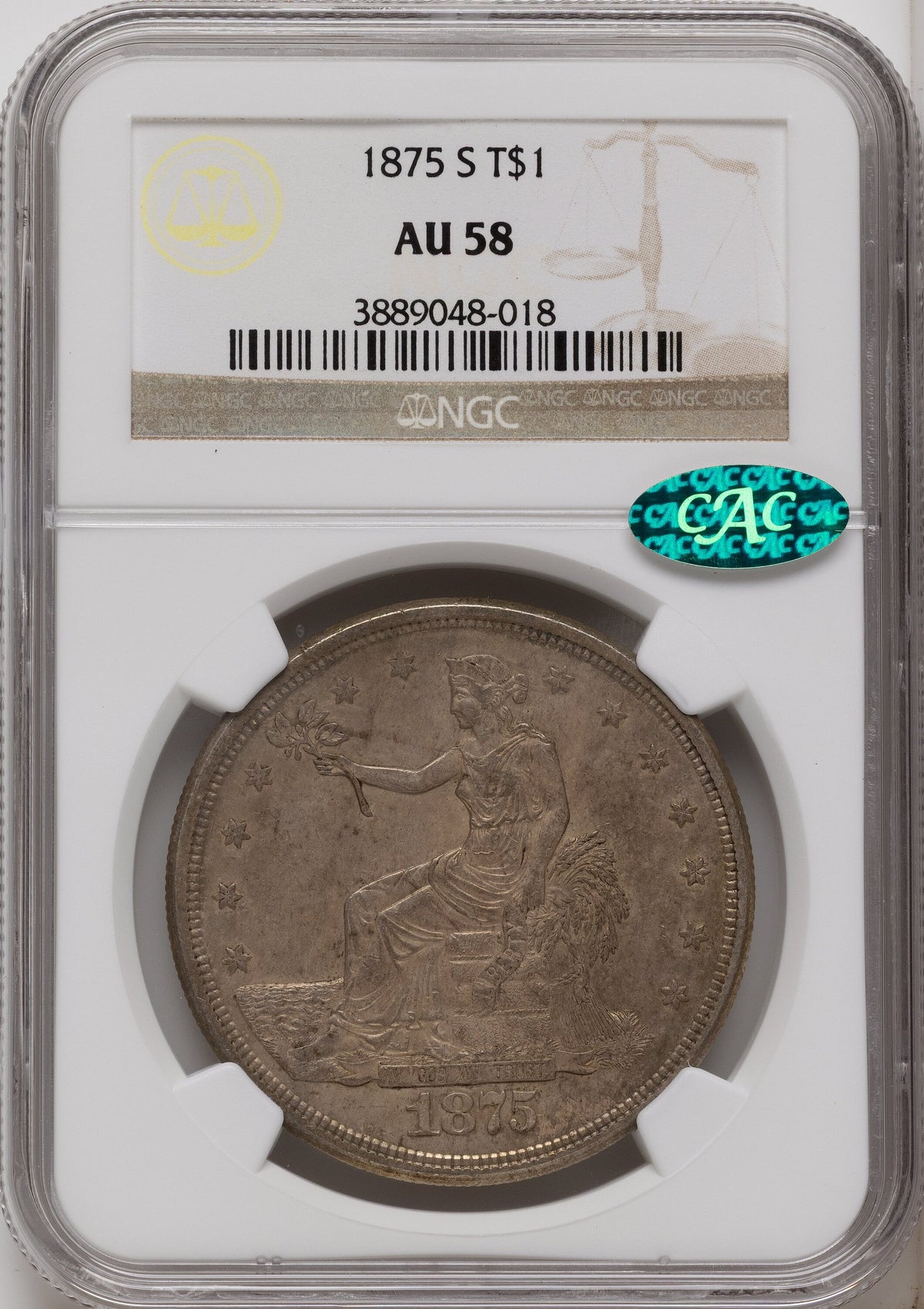 1875-S T$1 CAC Trade Dollar NGC AU58