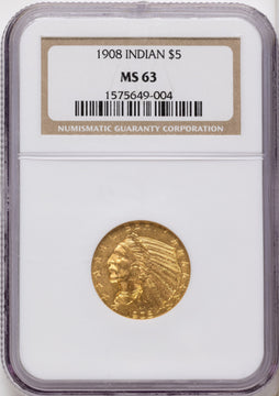 1908 $5 Indian Half Eagle NGC MS63