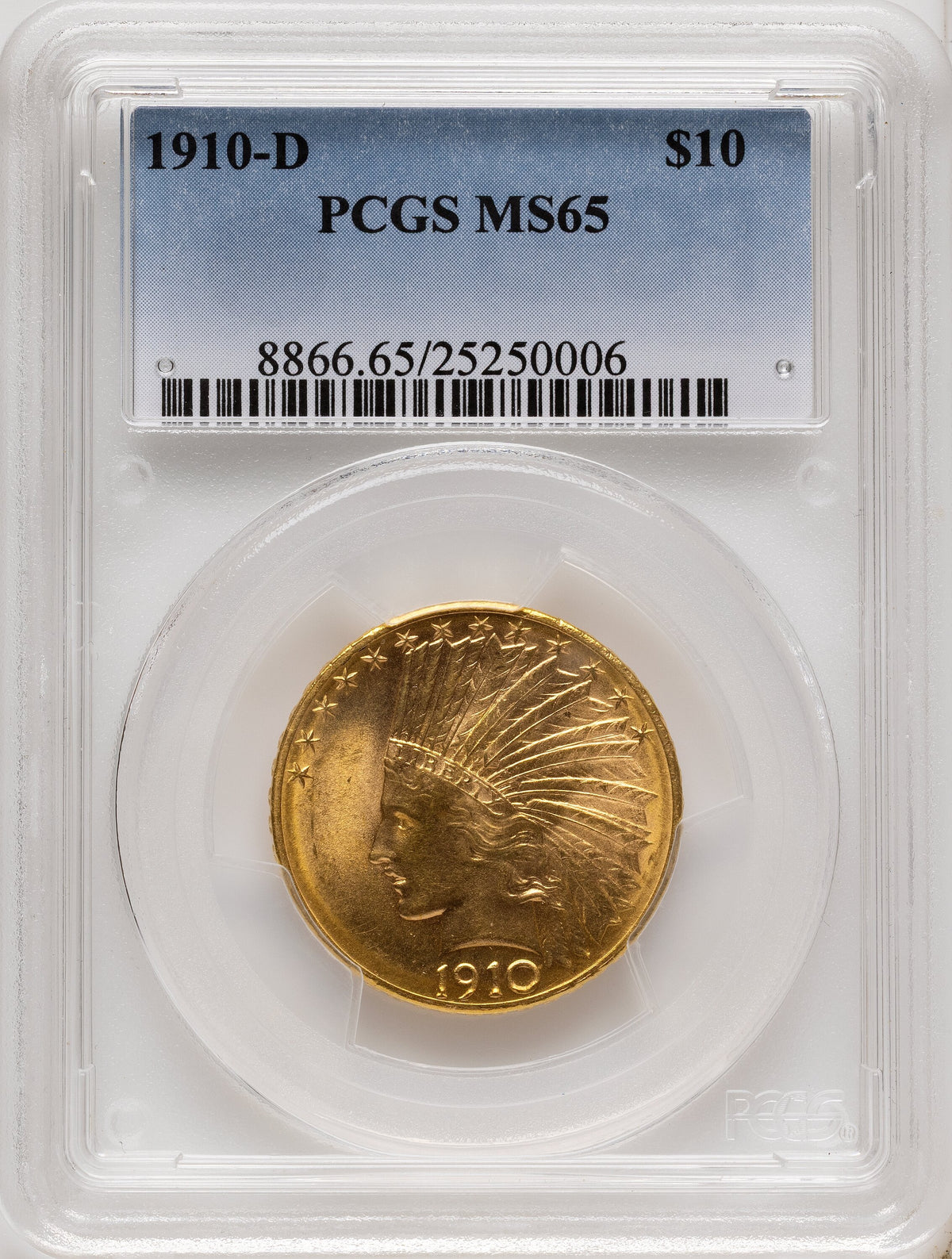 1910-D $10 Blue Gradient Indian Eagle PCGS MS65