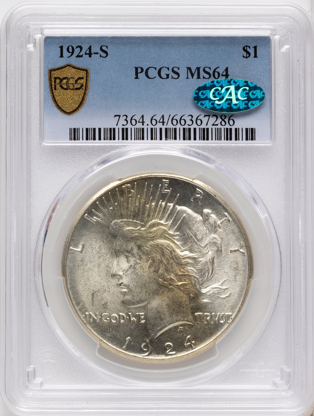 1924-S CAC Peace Dollar PCGS MS64