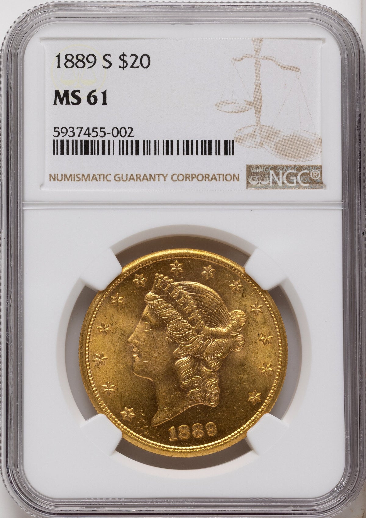 1889-S $20 Brown Label Liberty Double Eagle NGC MS61