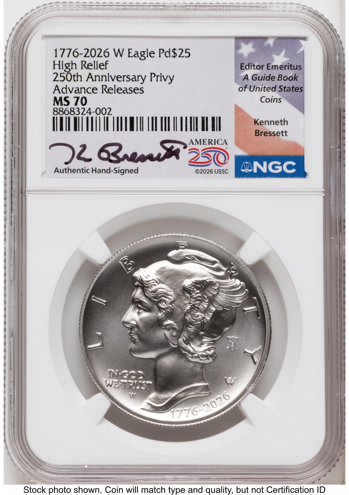 2026-W Palladium Eagle 1 oz Uncirculated AR Kenneth Bressett America 250 NGC MS70