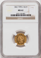 1861 $2.50 New Reverse Type 2 Liberty Quarter Eagle NGC MS62