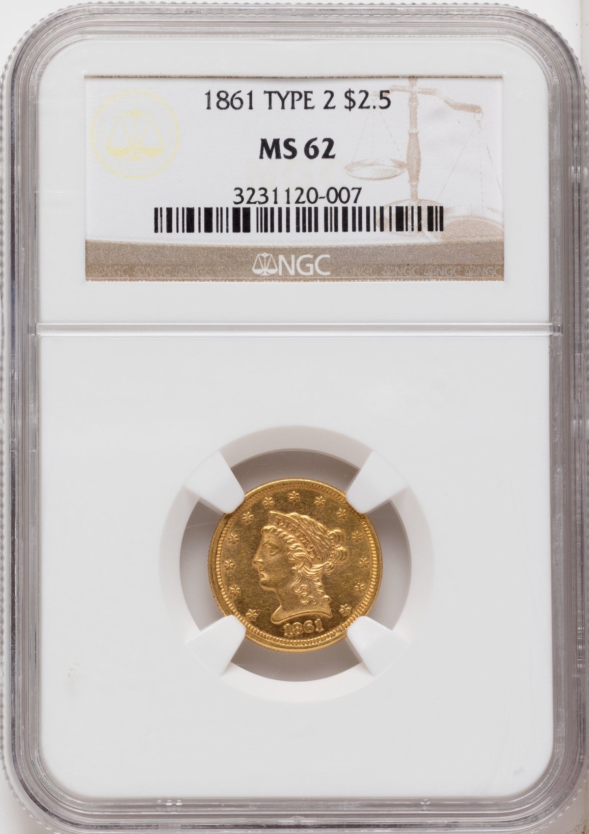 1861 $2.50 New Reverse Type 2 Liberty Quarter Eagle NGC MS62