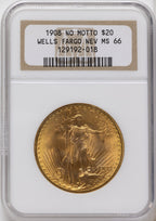 1908 NM $20 Wells Fargo Saint-Gaudens Double Eagle NGC MS66