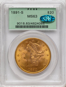 1891-S $20 CAC Liberty Double Eagle PCGS MS63