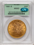 1891-S $20 CAC Liberty Double Eagle PCGS MS63