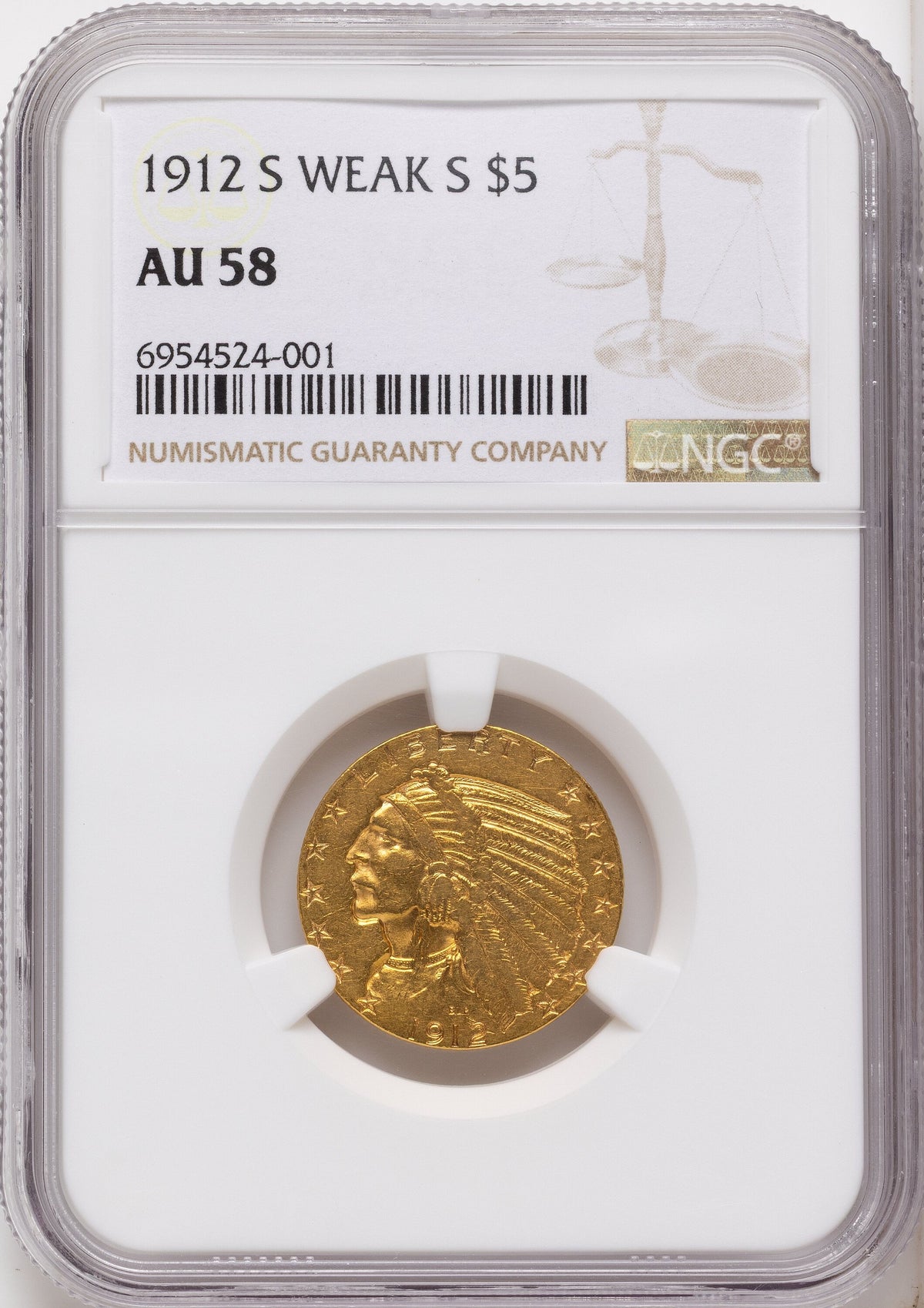 1912-S $5 Indian Half Eagle NGC AU58