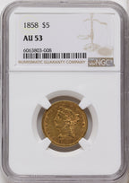 1858 $5 Liberty Half Eagle NGC AU53