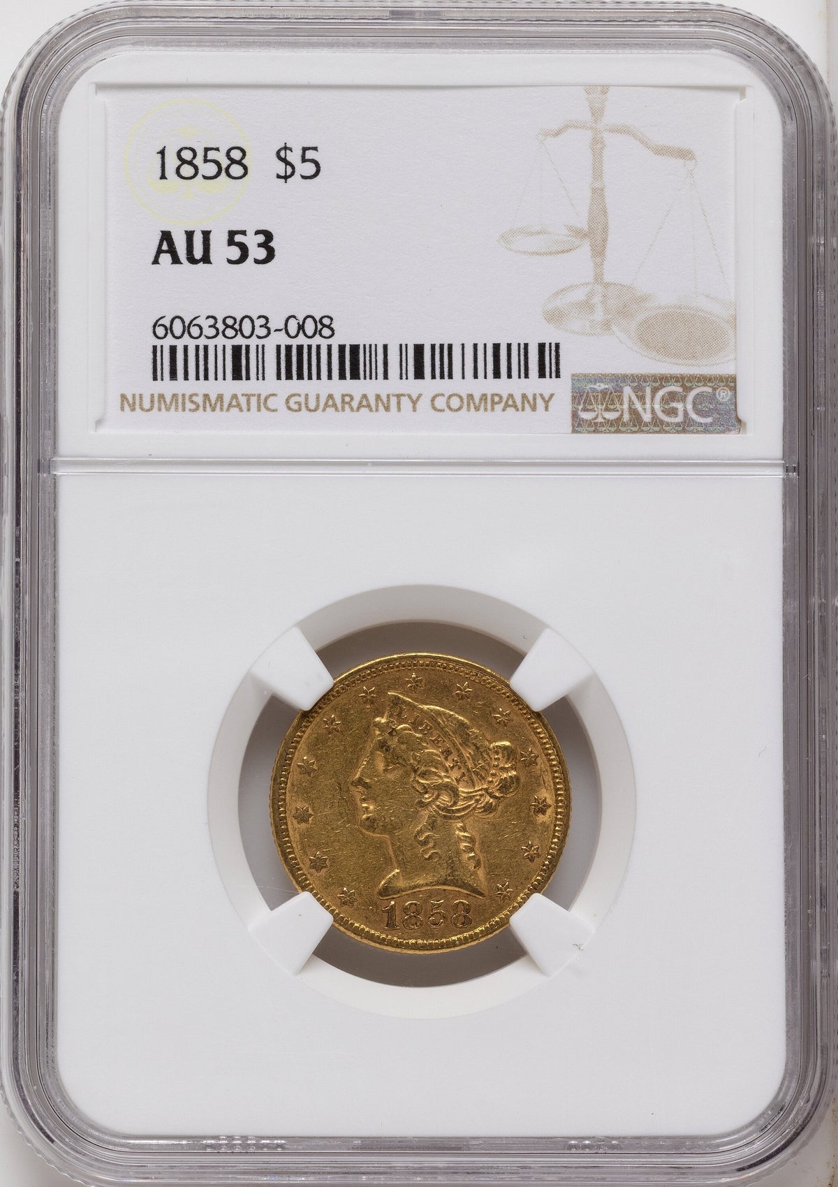 1858 $5 Liberty Half Eagle NGC AU53