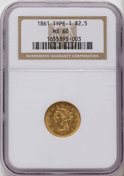 1861 $2.50 Old Rev. Liberty Quarter Eagle NGC MS60