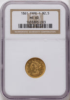 1861 $2.50 Old Rev. Liberty Quarter Eagle NGC MS60
