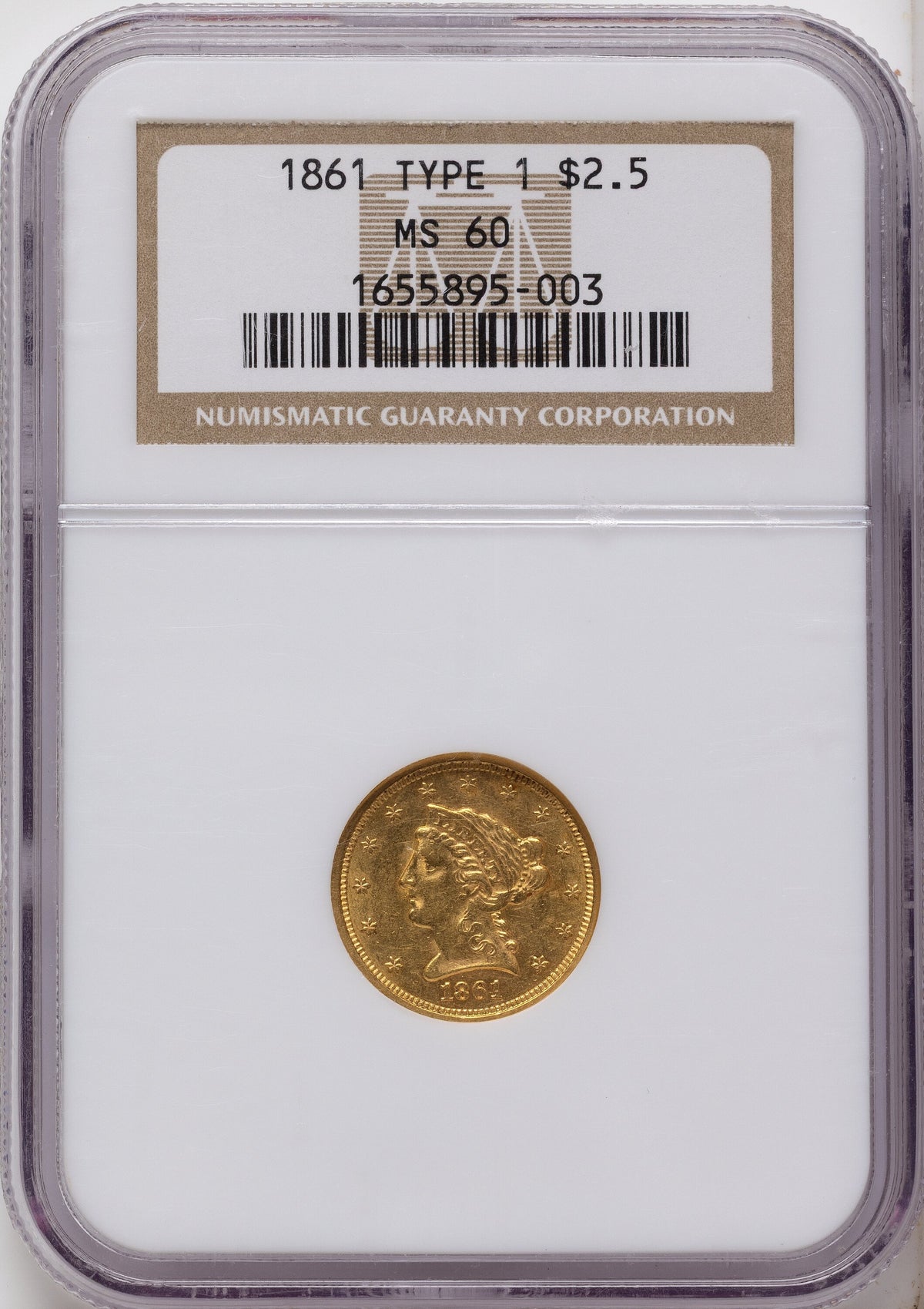 1861 $2.50 Old Rev. Liberty Quarter Eagle NGC MS60