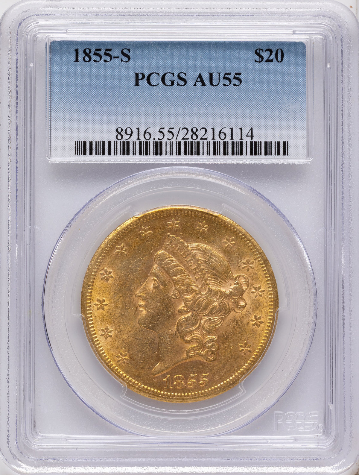 1855-S $20 Liberty Double Eagle PCGS AU55