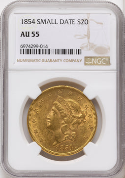 1854 $20 Small Date Liberty Double Eagle NGC AU55