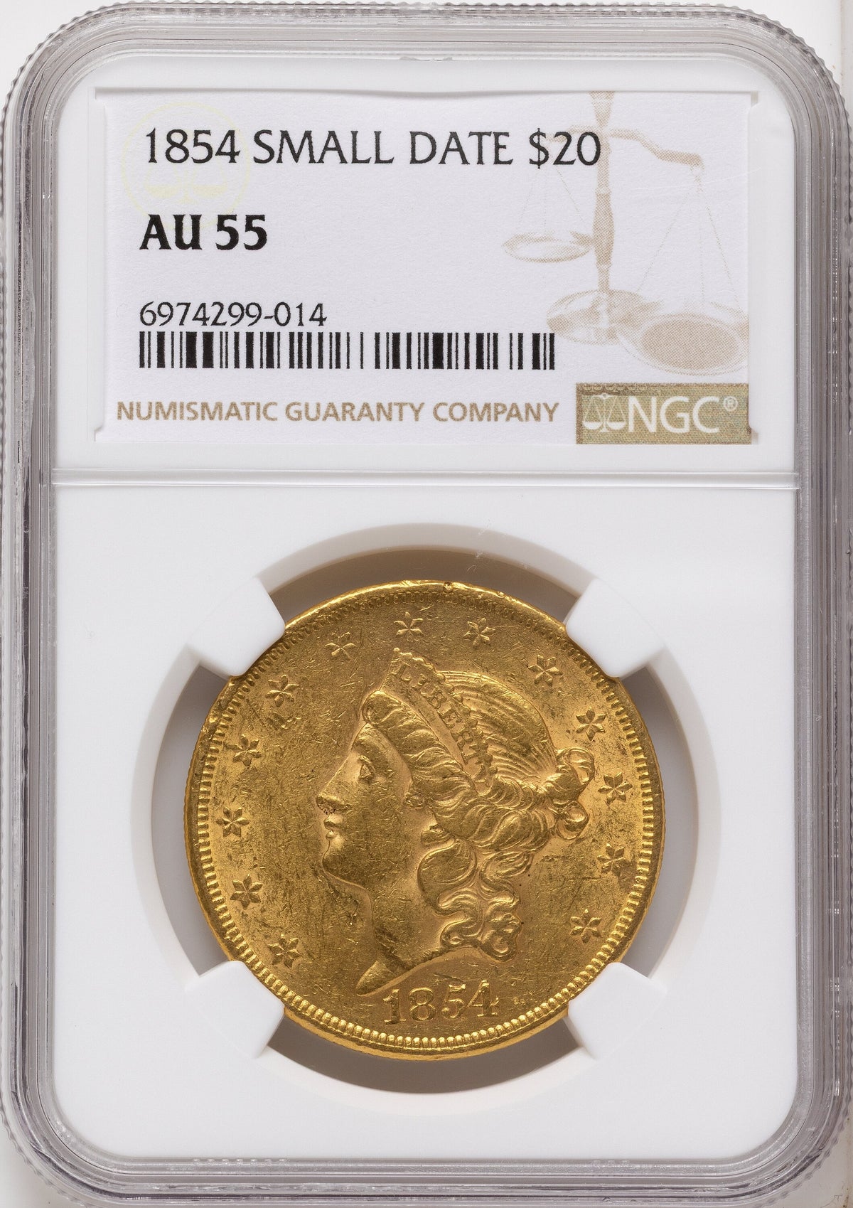 1854 $20 Small Date Liberty Double Eagle NGC AU55
