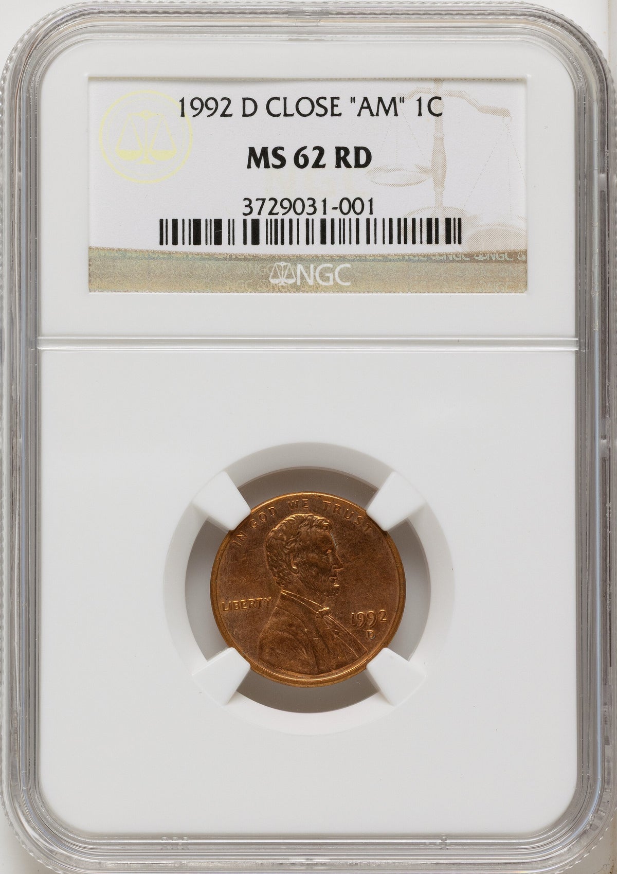 1992-D 1C FS-901 RD Lincoln Cent NGC MS62